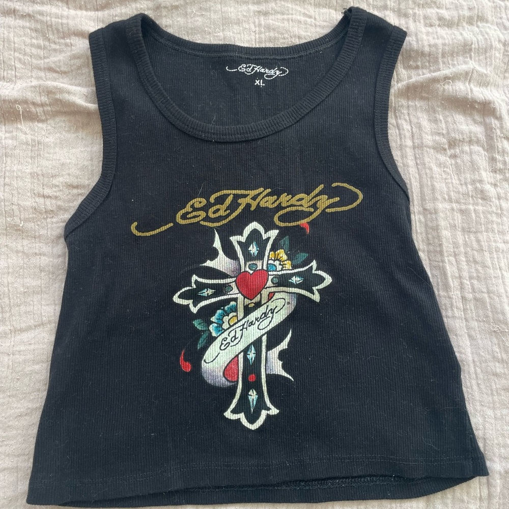 Ed Hardy Black Tank Top with Colorful Cross Design